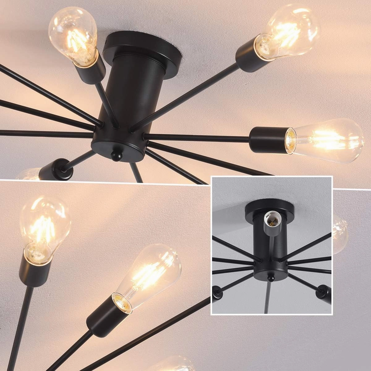 Garwarm Semi Flush Mount Ceiling Light, 10-Light Modern Black Sputnik Chandelier Industrial Ceiling Lamp for Kitchen Dining Room Living Room Bedroom Foyer Lighting Fixture