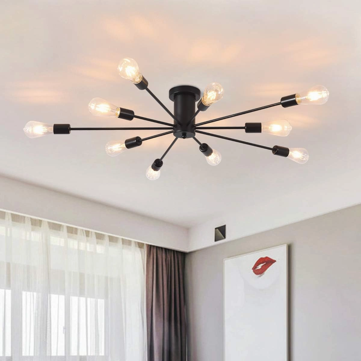 Garwarm Semi Flush Mount Ceiling Light, 10-Light Modern Black Sputnik Chandelier Industrial Ceiling Lamp for Kitchen Dining Room Living Room Bedroom Foyer Lighting Fixture