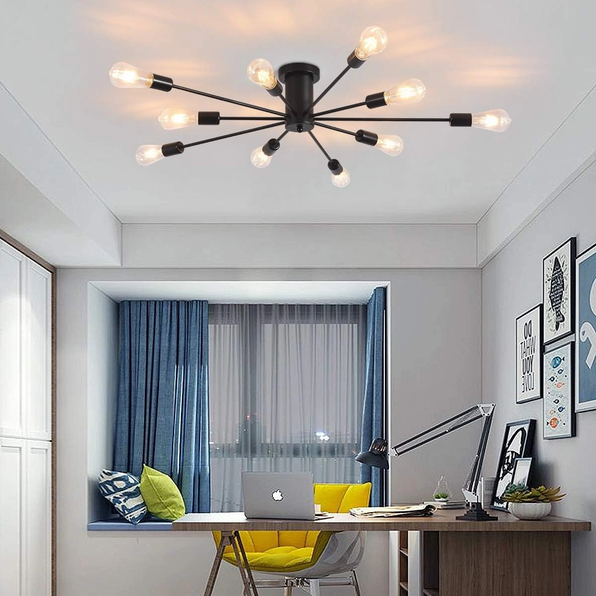 Garwarm Semi Flush Mount Ceiling Light, 10-Light Modern Black Sputnik Chandelier Industrial Ceiling Lamp for Kitchen Dining Room Living Room Bedroom Foyer Lighting Fixture