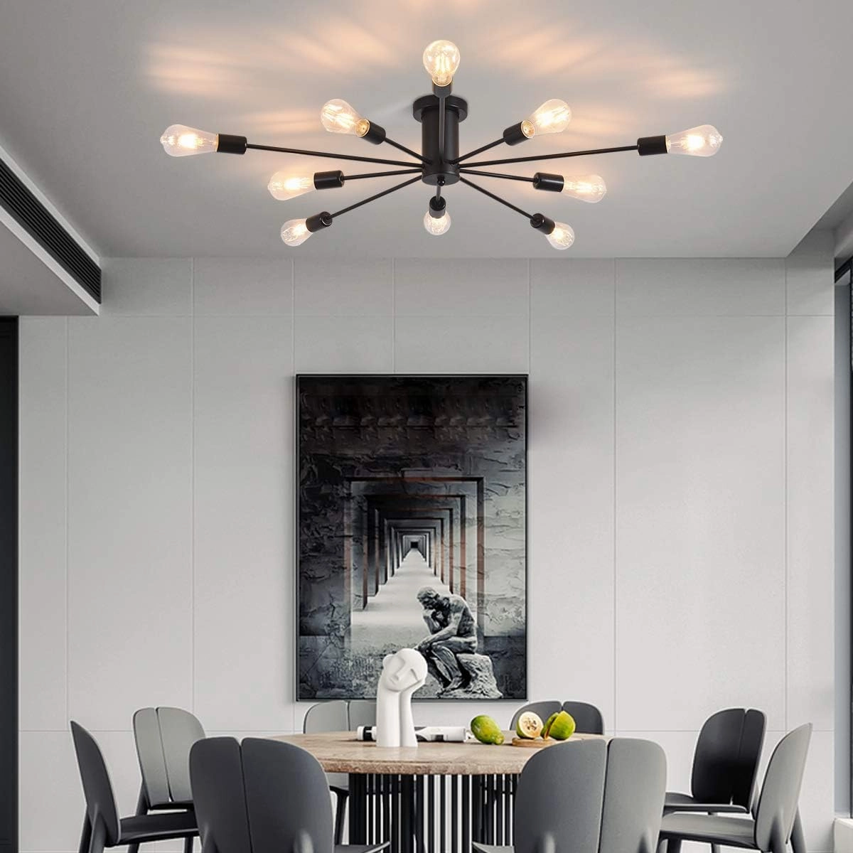 Garwarm Semi Flush Mount Ceiling Light, 10-Light Modern Black Sputnik Chandelier Industrial Ceiling Lamp for Kitchen Dining Room Living Room Bedroom Foyer Lighting Fixture