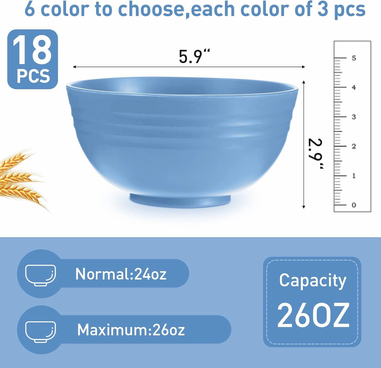 Geosar 18 Pcs Unbreakable Cereal Bowls 24 Oz Microwave and Dishwasher Safe Wheat Straw Fiber Lightweight Bowl for Soup Kitchen Serving Salad Dishes Oatmeal(Blue)