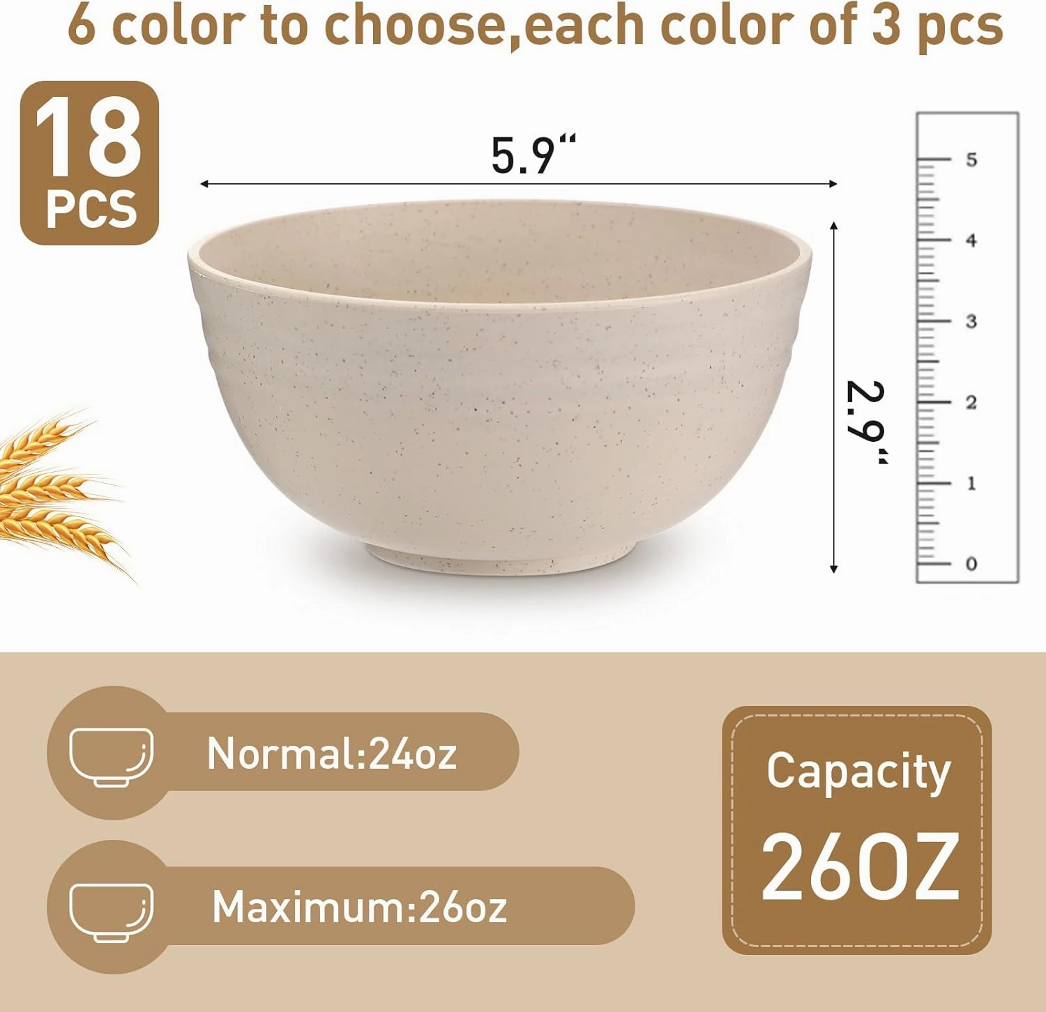 Geosar 18 Pcs Unbreakable Cereal Bowls 24 Oz Microwave and Dishwasher Safe Wheat Straw Fiber Lightweight Bowl for Soup Kitchen Serving Salad Dishes Oatmeal(White, Black, Gray)