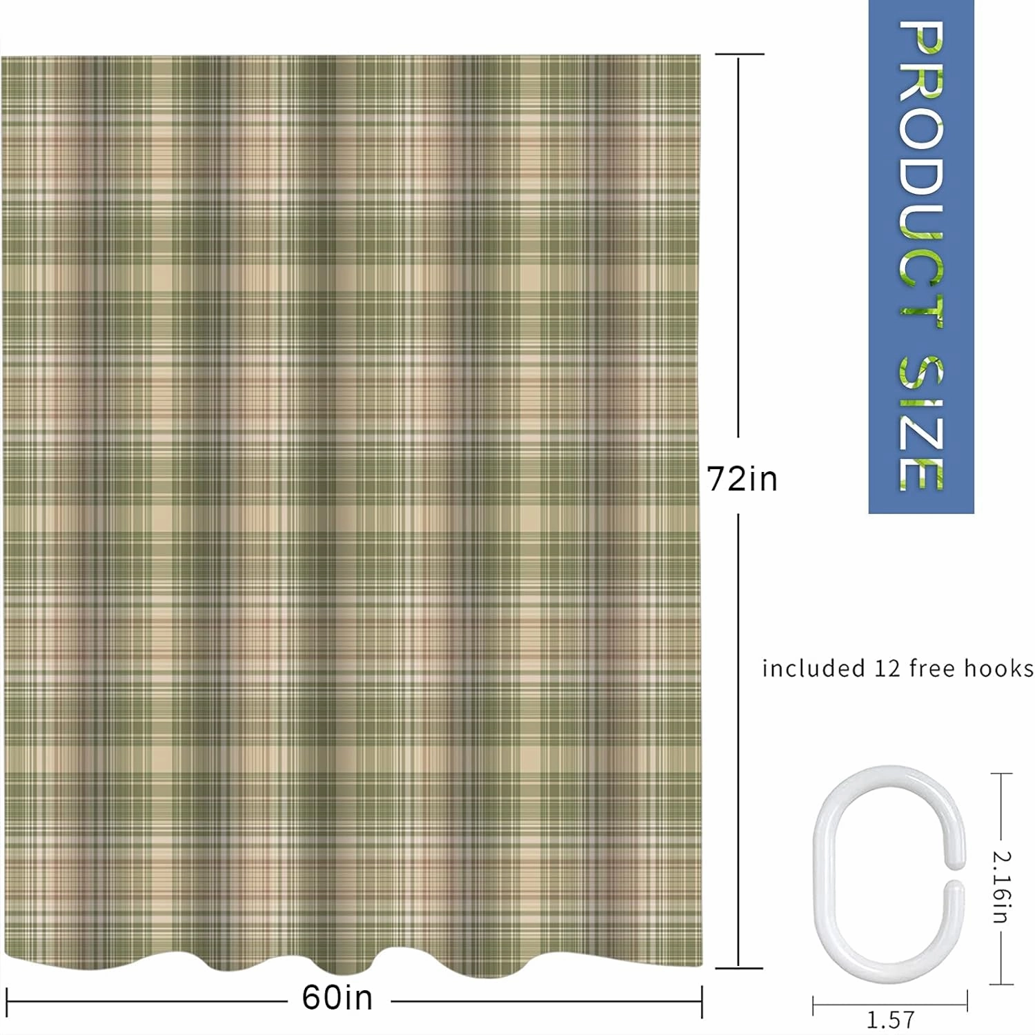 Gingham Plaid Beige Grey Sage Abstract Autumn Celtic Checked Checkered Bathroom Decor Shower Curtain Sets with Hooks Polyester Fabric Great Gift