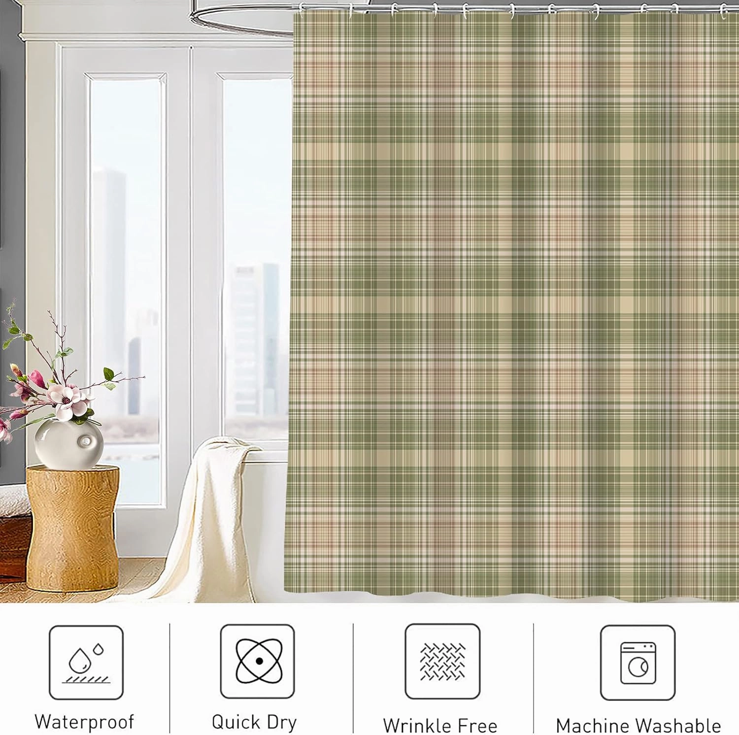 Gingham Plaid Beige Grey Sage Abstract Autumn Celtic Checked Checkered Bathroom Decor Shower Curtain Sets with Hooks Polyester Fabric Great Gift