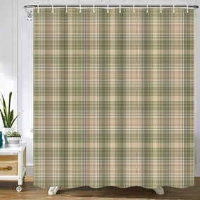 Gingham Plaid Beige Grey Sage Abstract Autumn Celtic Checked Checkered Bathroom Decor Shower Curtain Sets with Hooks Polyester Fabric Great Gift
