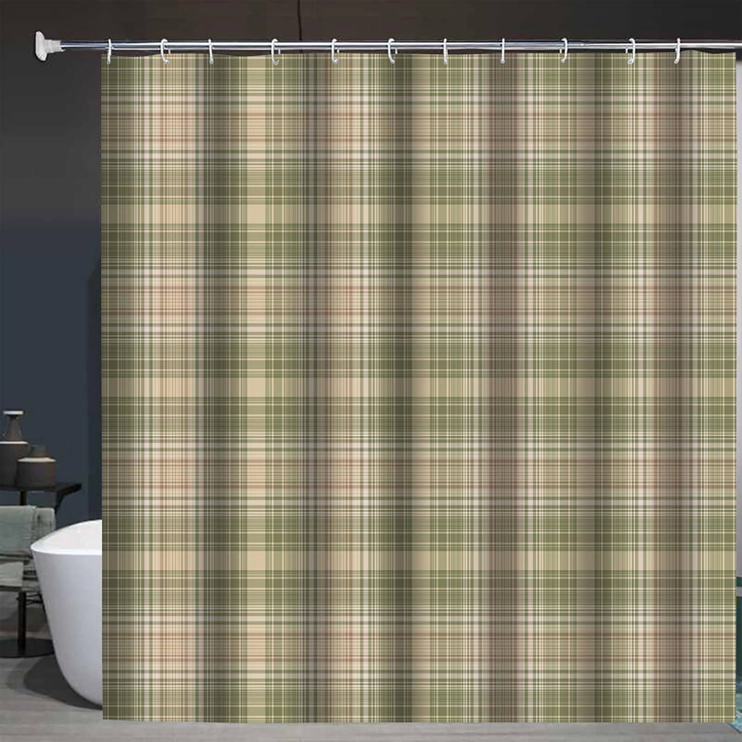 Gingham Plaid Beige Grey Sage Abstract Autumn Celtic Checked Checkered Bathroom Decor Shower Curtain Sets with Hooks Polyester Fabric Great Gift