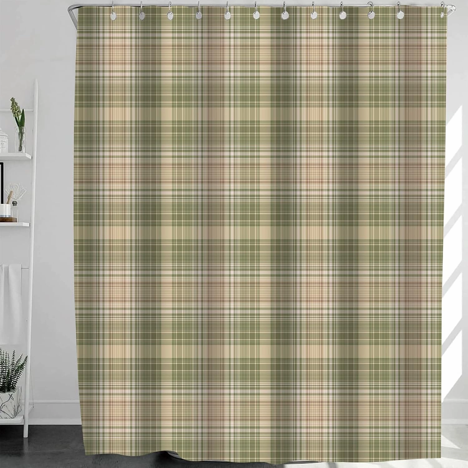 Gingham Plaid Beige Grey Sage Abstract Autumn Celtic Checked Checkered Bathroom Decor Shower Curtain Sets with Hooks Polyester Fabric Great Gift