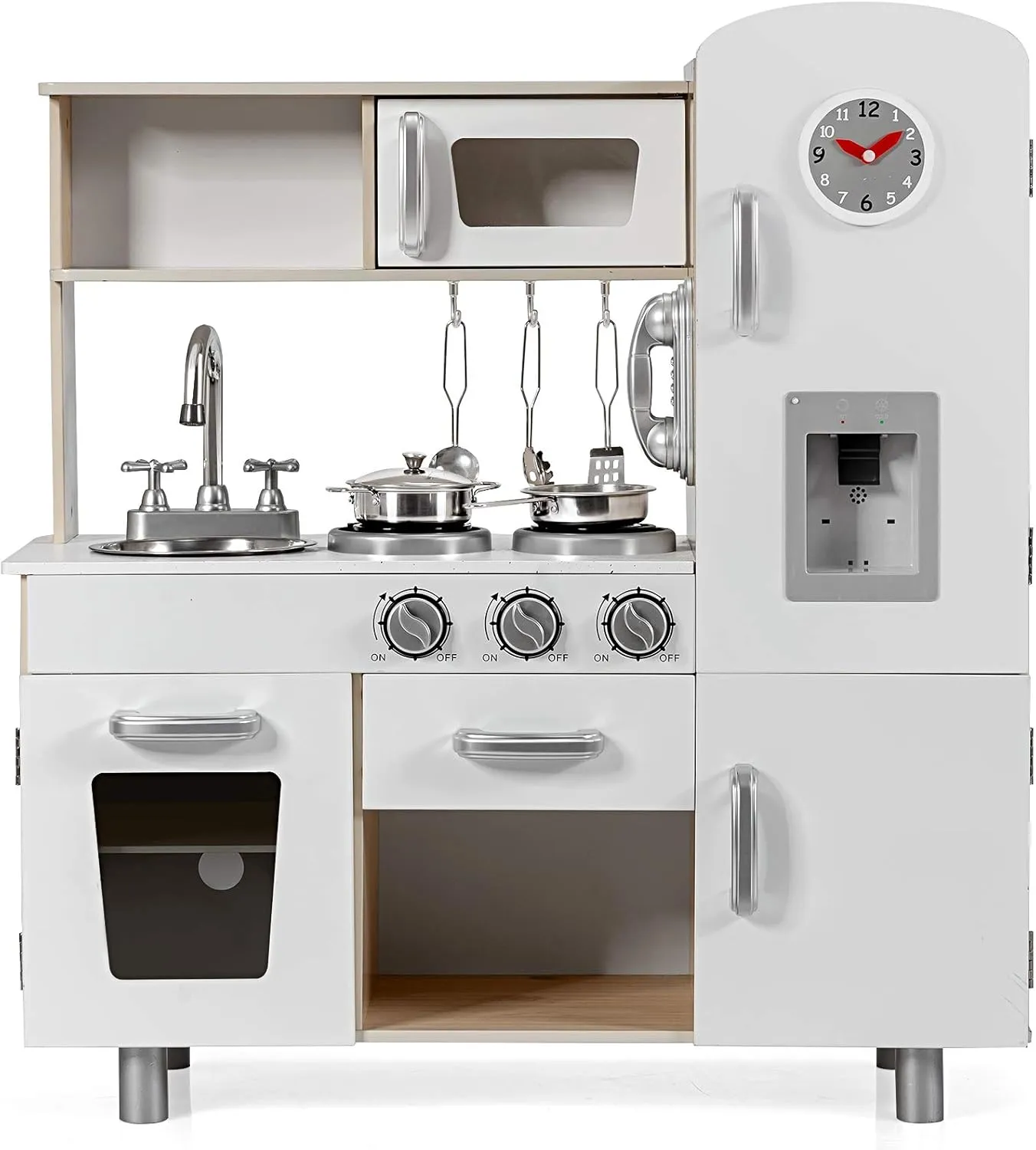 GLACER Wooden Play Kitchen Set, Pretend Cooking Play Toy with Water Dispenser, Freezer, Sink, Storage Cabinet, Oven, Lights Sounds, Kids Kitchen Playset for Girls Boys Age 3 