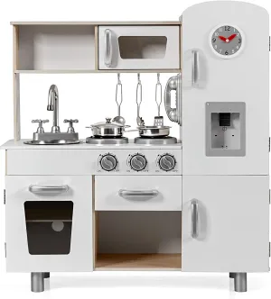 GLACER Wooden Play Kitchen Set, Pretend Cooking Play Toy with Water Dispenser, Freezer, Sink, Storage Cabinet, Oven, Lights Sounds, Kids Kitchen Playset for Girls Boys Age 3 