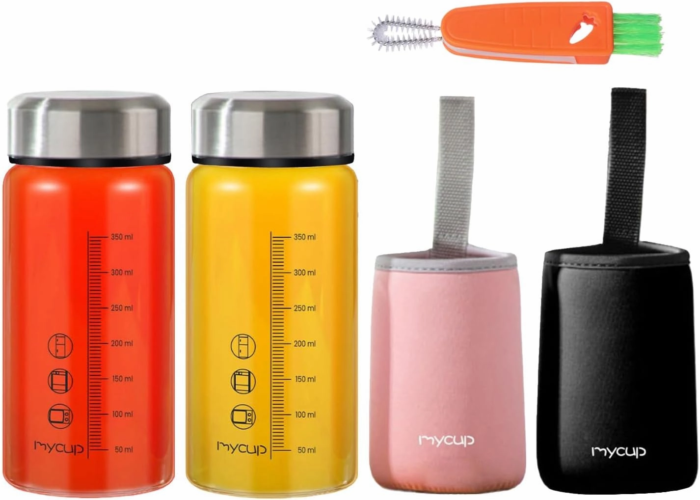 Glass Juice Bottles with Lids, 2 Pack 12 oz Wide Mouth Glass Bottles for Juicing Smoothies Milk Protein, Reusable Juice Bottle with Scale Marker, Stainless Steel Lids, Sleeves and Brush, Shaker Bottle