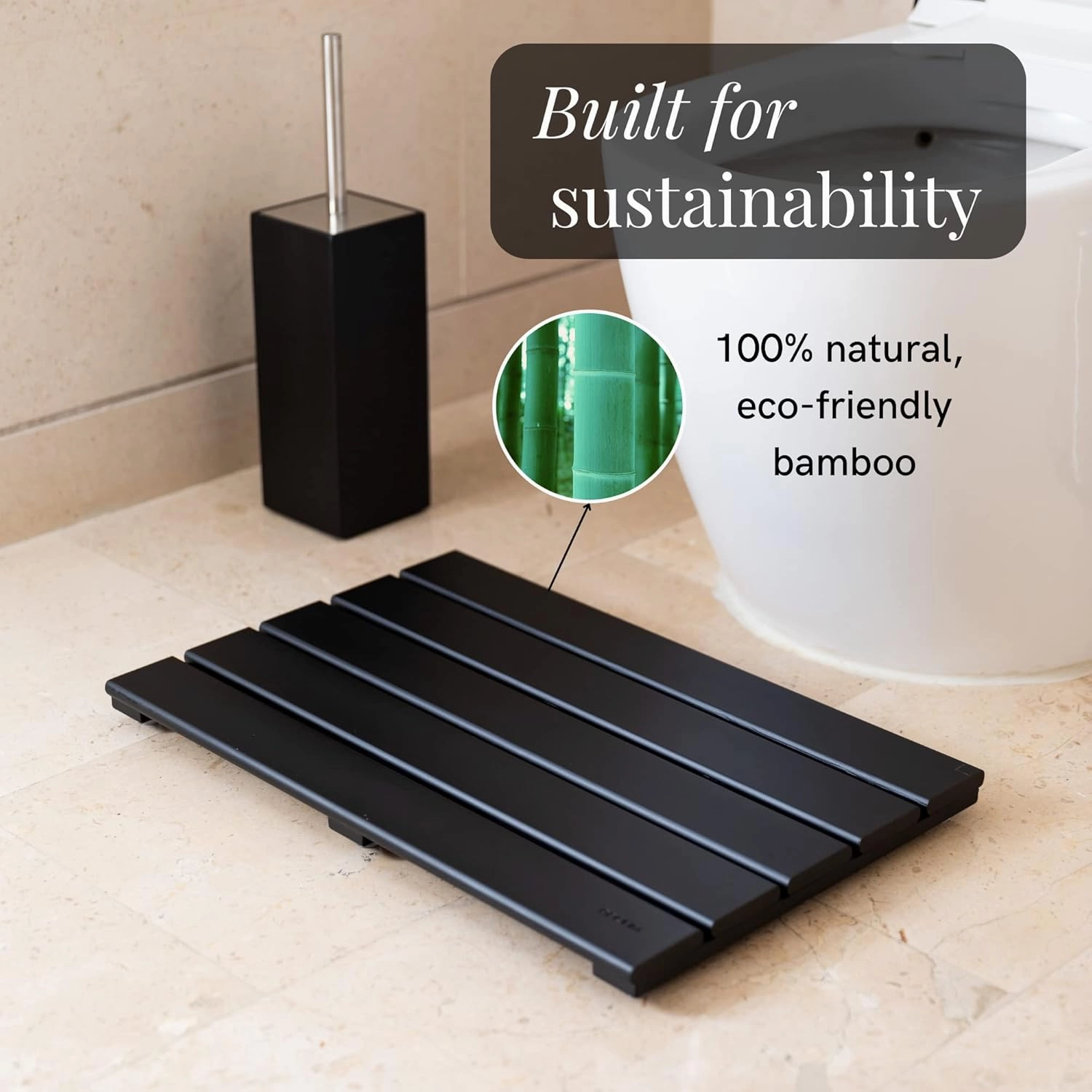 GOBAM Bamboo Bath Mat, Small, 19.7 x 13 x 1.3 inch - Non-Slip Floor Mat for Spa, Sauna, Kitchen, Indoor & Outdoor Spaces, Shower Mat for Bathroom Decor - (Black, 19.7" long)