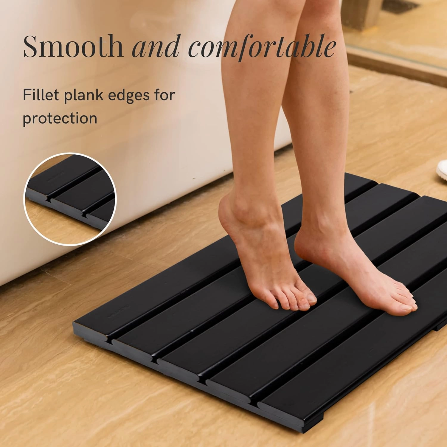 GOBAM Bamboo Bath Mat, Small, 19.7 x 13 x 1.3 inch - Non-Slip Floor Mat for Spa, Sauna, Kitchen, Indoor & Outdoor Spaces, Shower Mat for Bathroom Decor - (Black, 19.7" long)