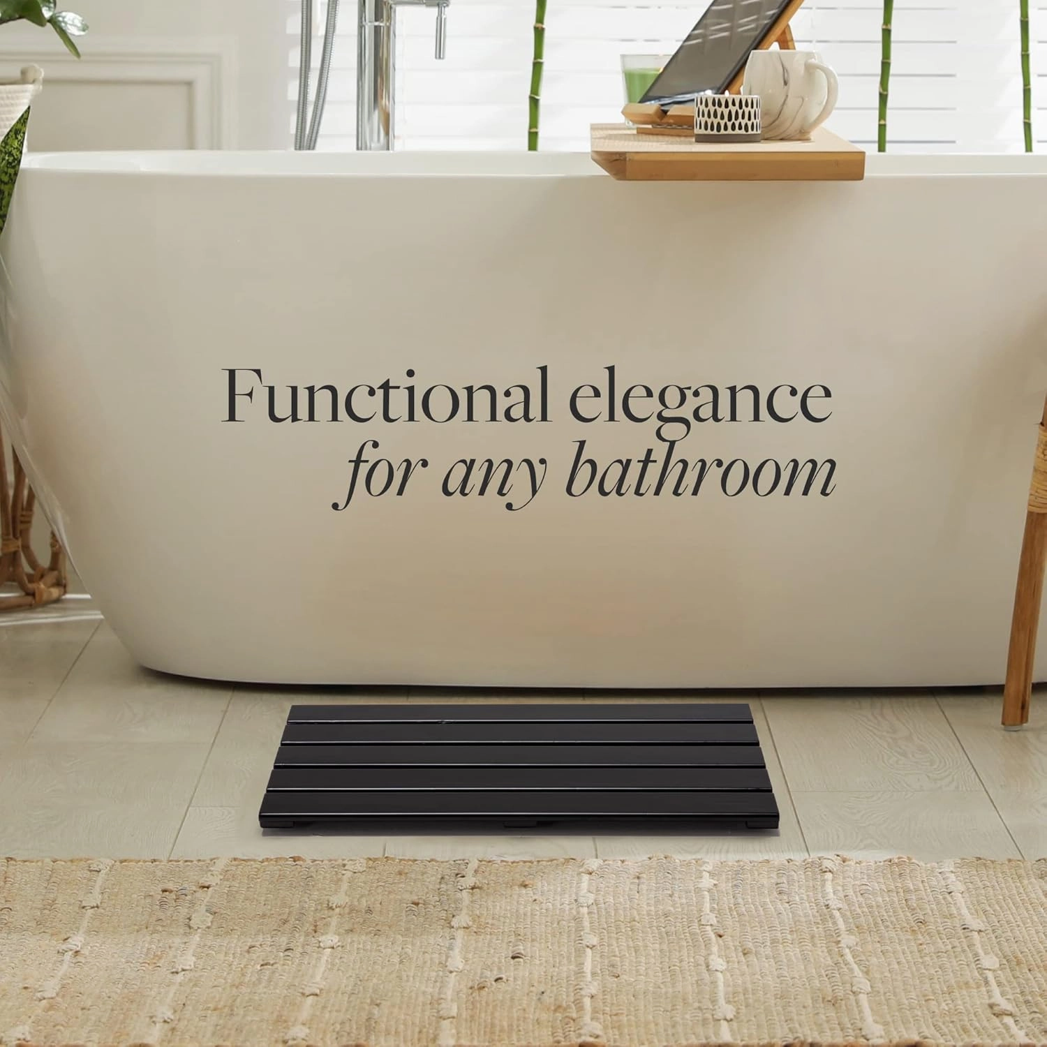 GOBAM Bamboo Bath Mat, Small, 19.7 x 13 x 1.3 inch - Non-Slip Floor Mat for Spa, Sauna, Kitchen, Indoor & Outdoor Spaces, Shower Mat for Bathroom Decor - (Black, 19.7" long)
