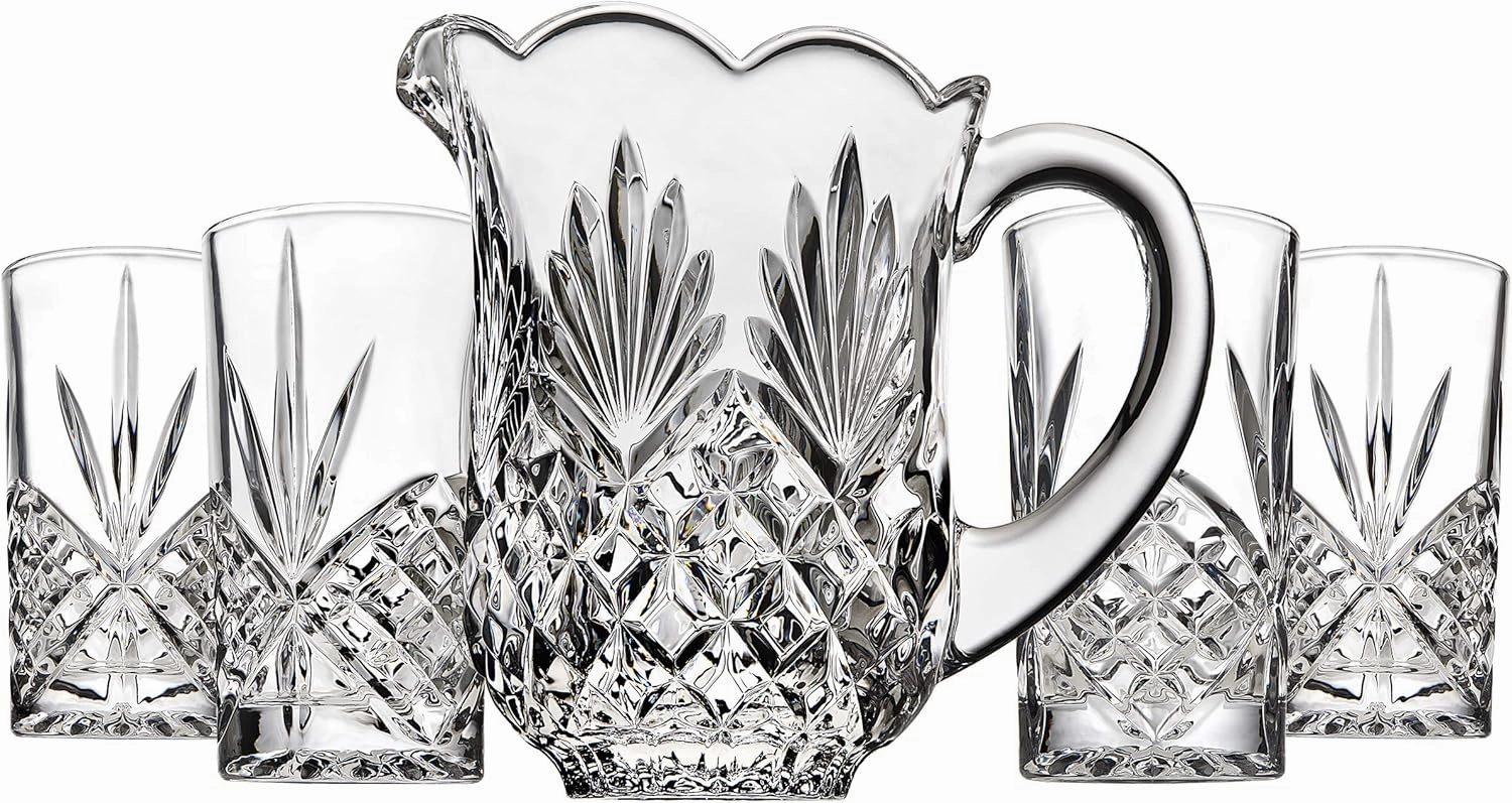Godinger Pitcher and Glasses Drink Bar Set - Includes Pitcher Carafe and 4 Old Fashioned Glasses, Dublin Collection