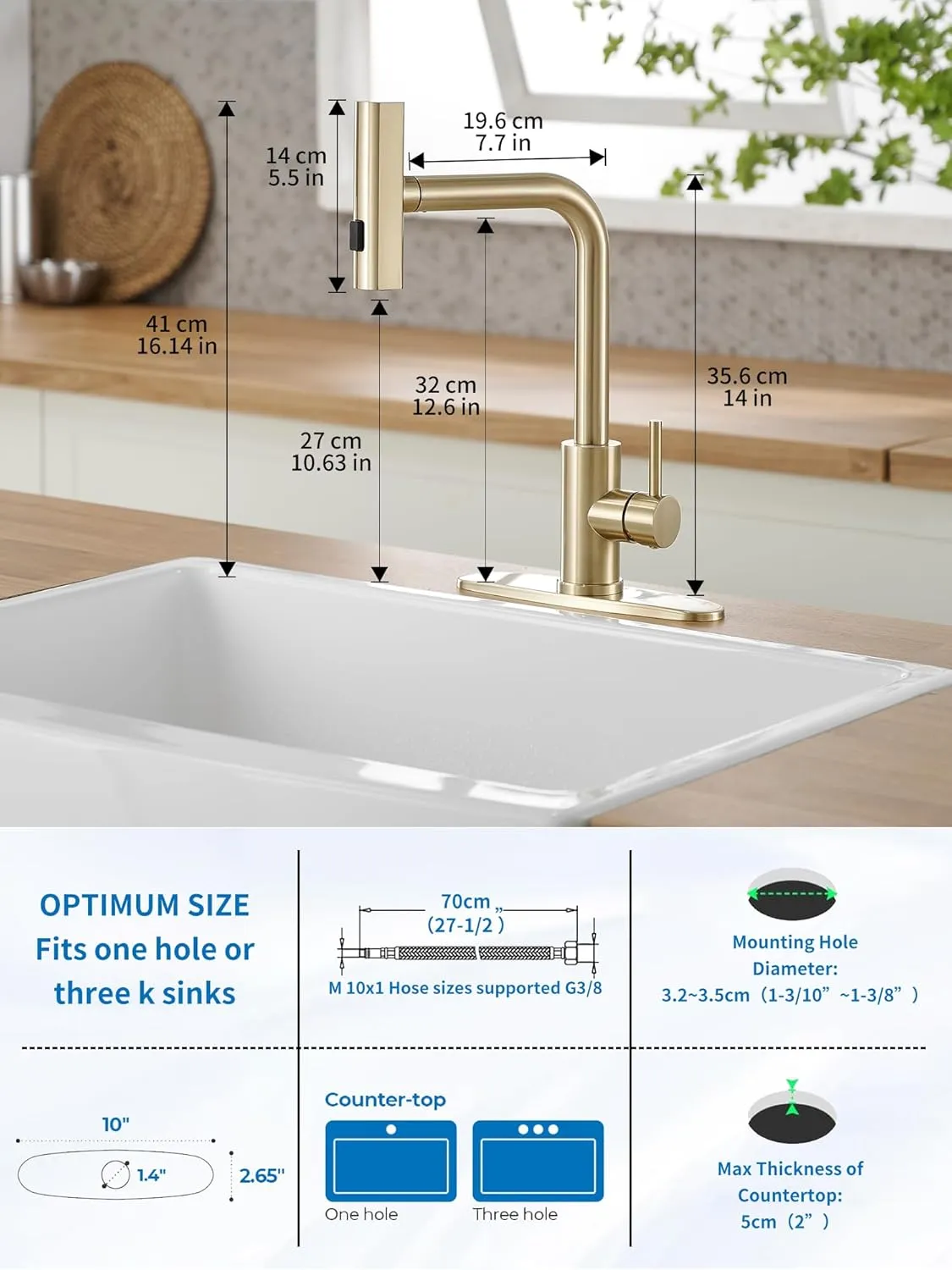 Gold Kitchen Faucets with Pull Down Sprayer,Waterfall Kitchen Sink Faucet,Commercial Utility Stainless Steel Kitchen Faucets,Single Handle Kitchen Sink Faucet with Pull Down Sprayer for 3 Function