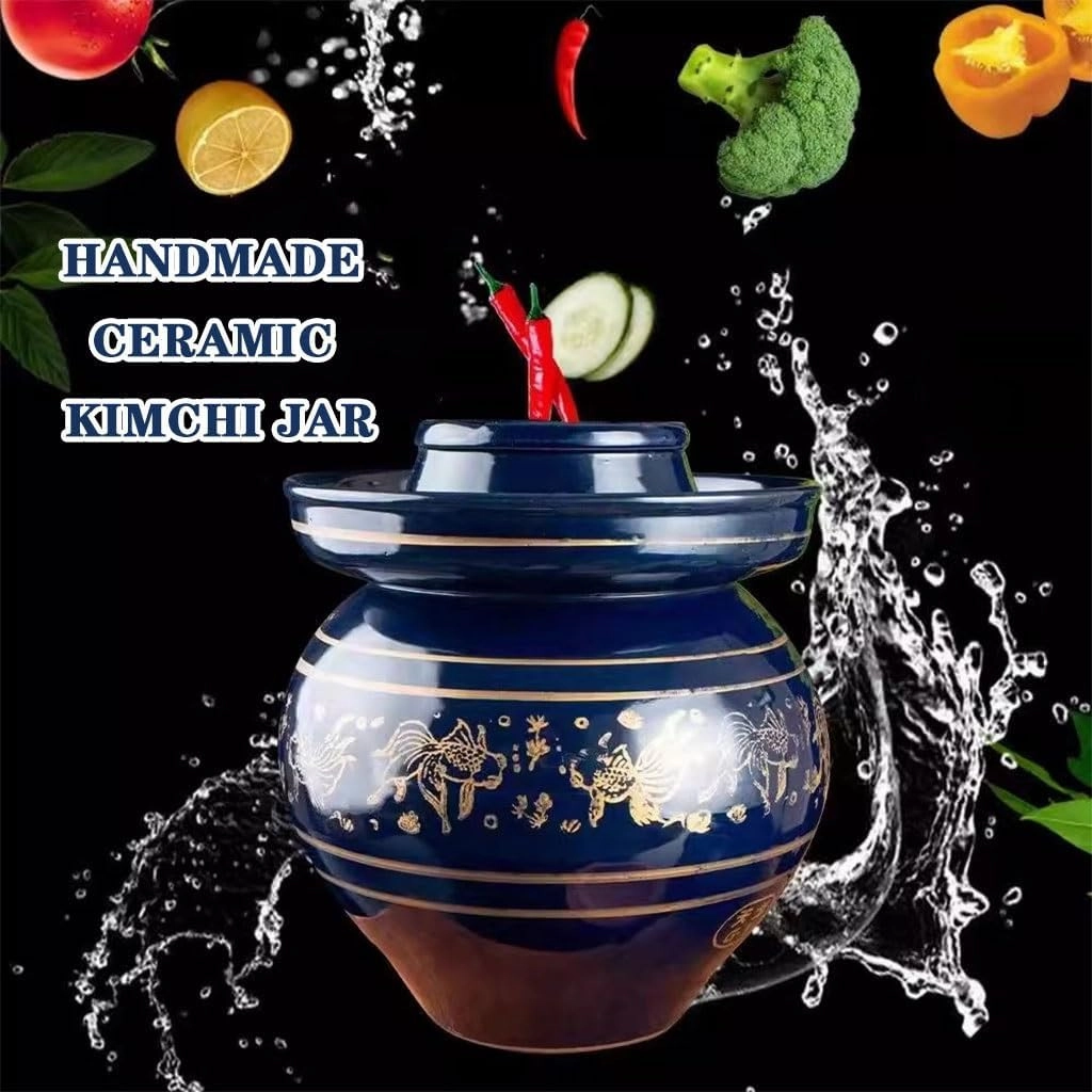 Goldfish Pattern Modern Kimchi Jar, Thickened Ceramic Kitchen Pickle Crock, Water Seal Design Fermentation Tank, Double Lid Design(2kg/70.5oz)