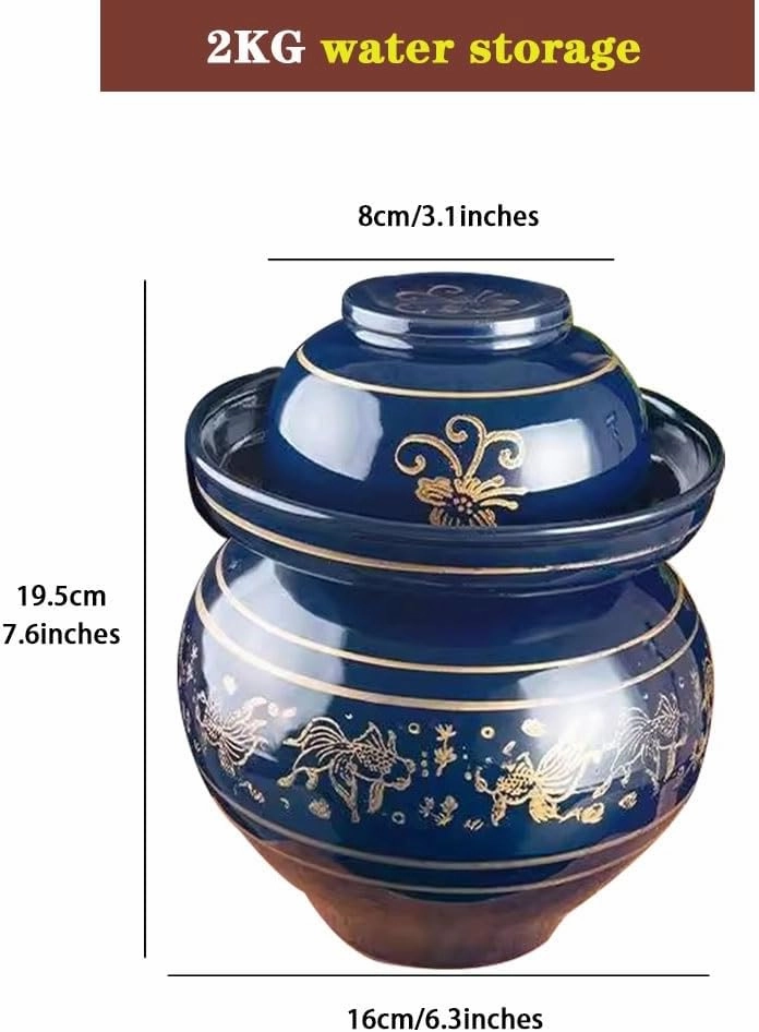 Goldfish Pattern Modern Kimchi Jar, Thickened Ceramic Kitchen Pickle Crock, Water Seal Design Fermentation Tank, Double Lid Design(2kg/70.5oz)