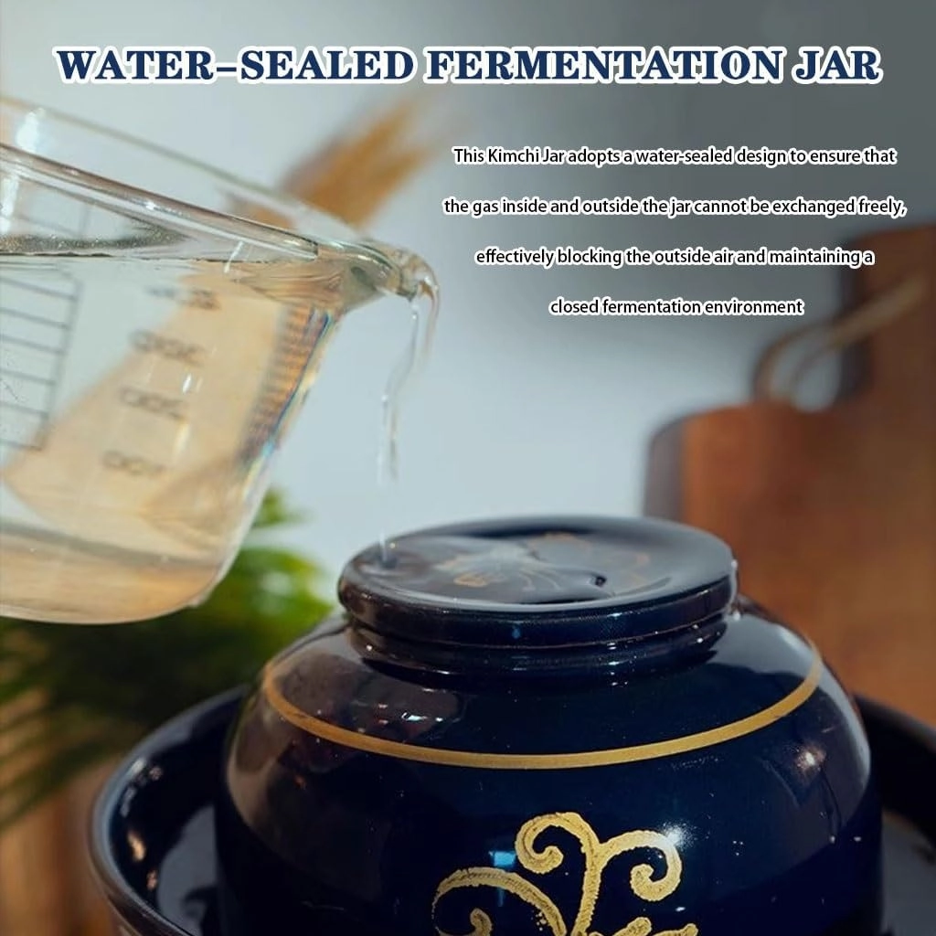 Goldfish Pattern Modern Kimchi Jar, Thickened Ceramic Kitchen Pickle Crock, Water Seal Design Fermentation Tank, Double Lid Design(2kg/70.5oz)