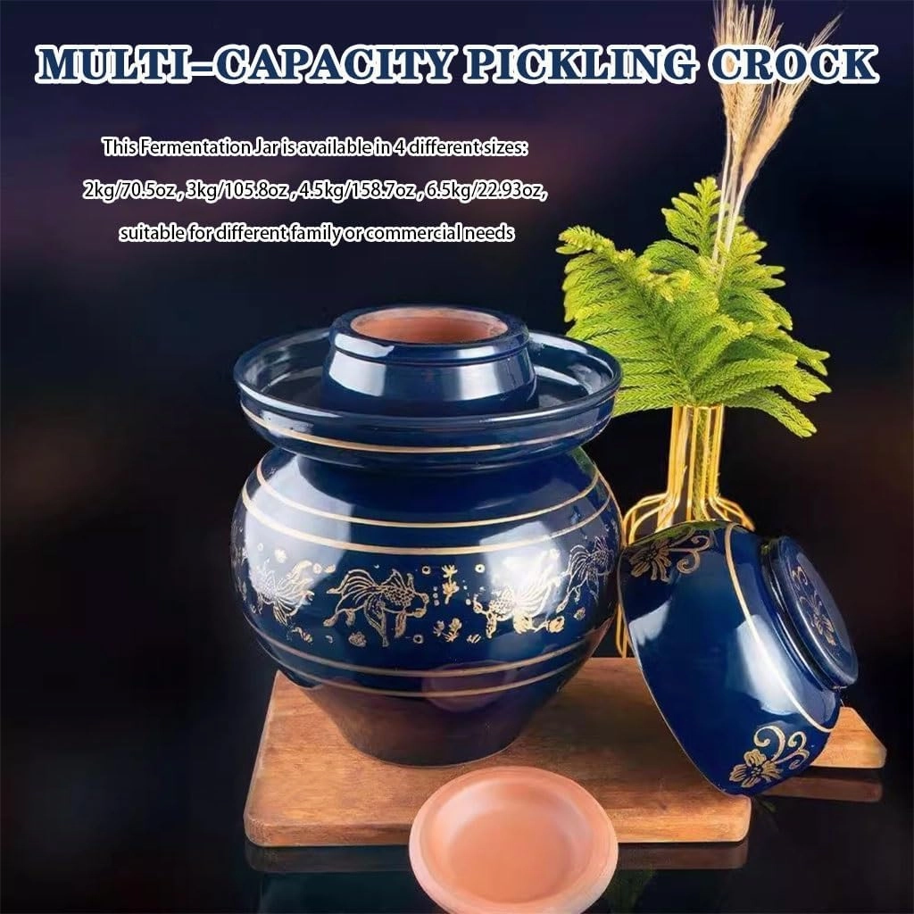 Goldfish Pattern Modern Kimchi Jar, Thickened Ceramic Kitchen Pickle Crock, Water Seal Design Fermentation Tank, Double Lid Design(2kg/70.5oz)