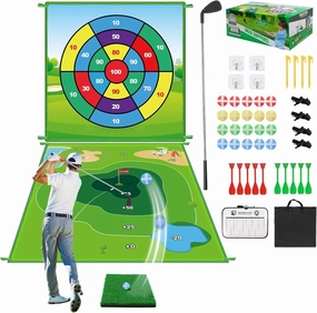 Golf Chipping Game Mat: 70"x70" Double-Sided 2in1 Golf Hitting Mat, Golf Chip and Practice Set with Stick Ball&Dart for Backyard Indoor Outdoor Family Battle Game, Christmas Ideal Gift for Kids Adults
