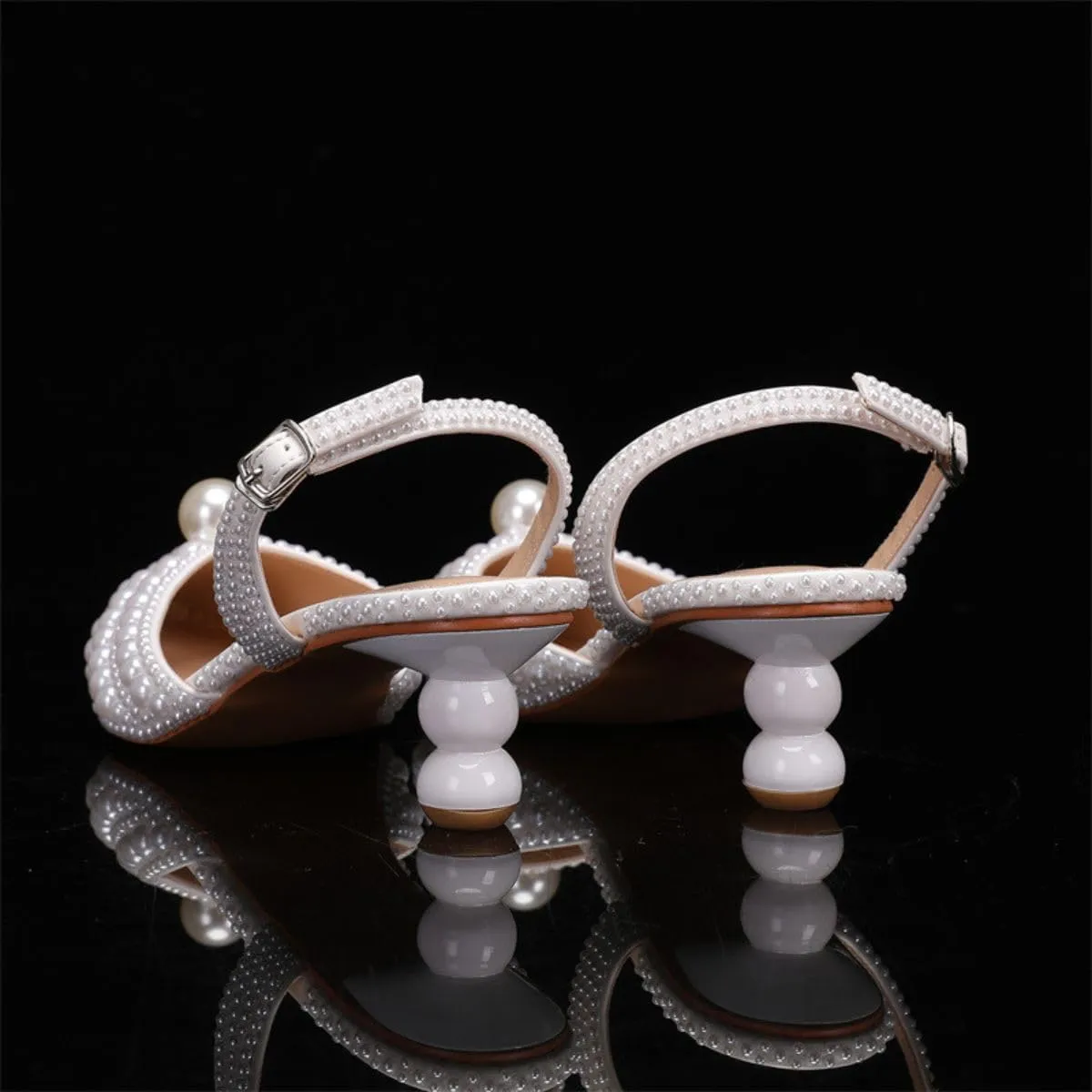 Goolita Full Pearl Kitten Heels for Women, Pointed Closed Toe Slingback Pumps Buckle Strap Rhinestone Bridal Shoes for Wedding