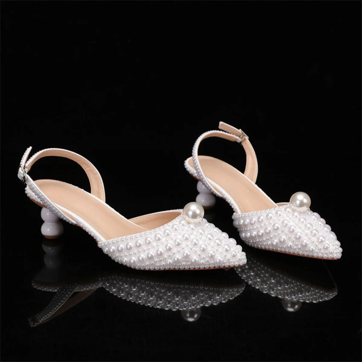 Goolita Full Pearl Kitten Heels for Women, Pointed Closed Toe Slingback Pumps Buckle Strap Rhinestone Bridal Shoes for Wedding
