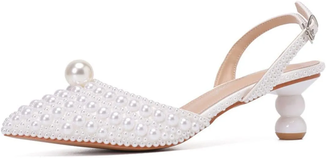 Goolita Full Pearl Kitten Heels for Women, Pointed Closed Toe Slingback Pumps Buckle Strap Rhinestone Bridal Shoes for Wedding