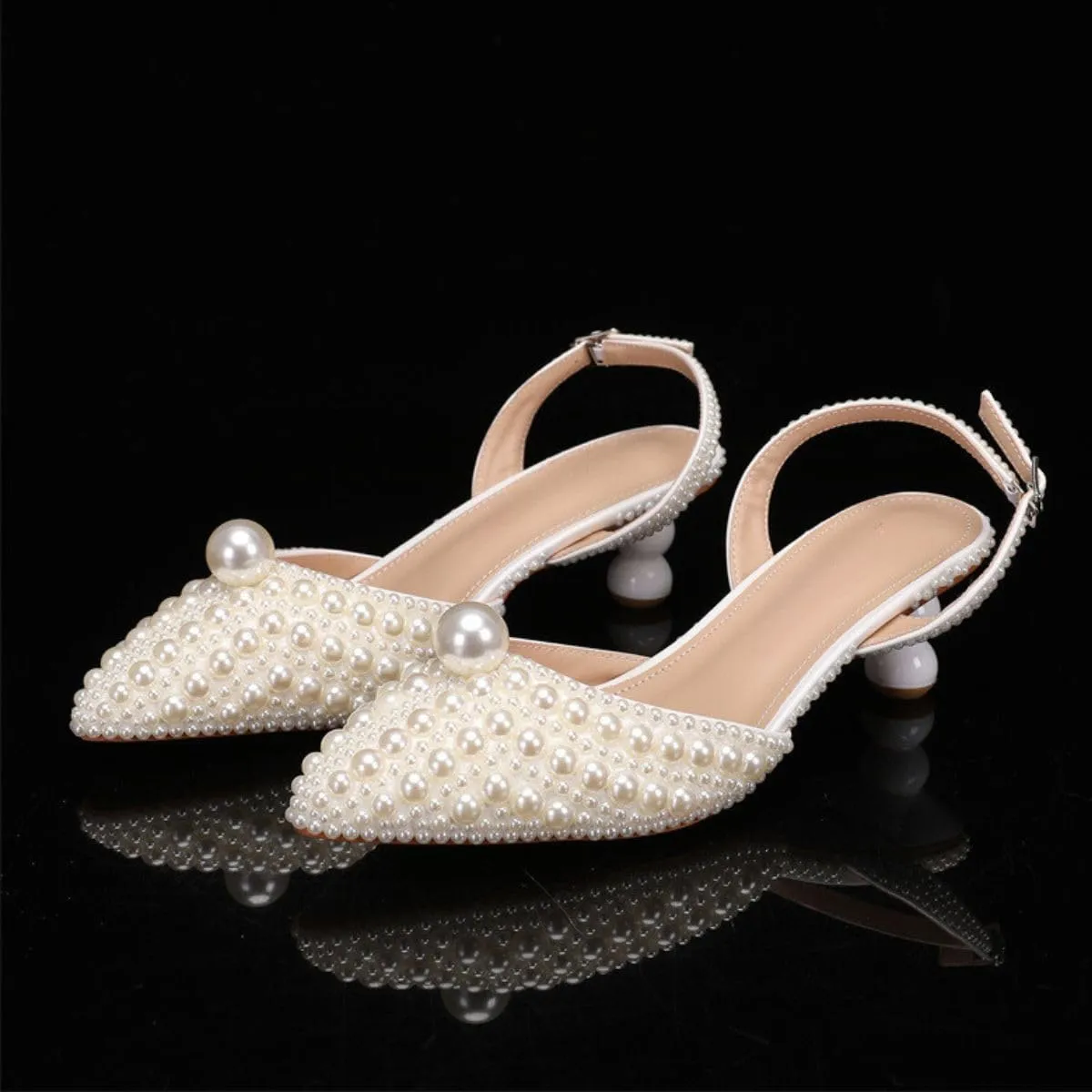 Goolita Full Pearl Kitten Heels for Women, Pointed Closed Toe Slingback Pumps Buckle Strap Rhinestone Bridal Shoes for Wedding