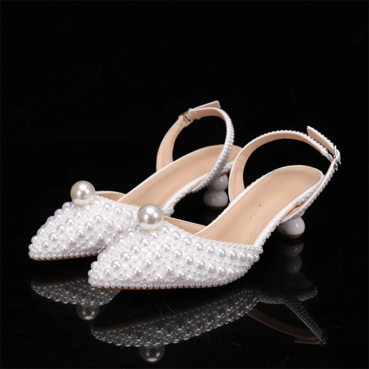 Goolita Full Pearl Kitten Heels for Women, Pointed Closed Toe Slingback Pumps Buckle Strap Rhinestone Bridal Shoes for Wedding
