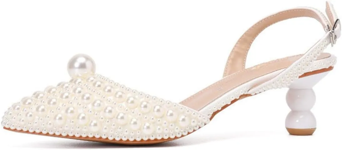 Goolita Full Pearl Kitten Heels for Women, Pointed Closed Toe Slingback Pumps Buckle Strap Rhinestone Bridal Shoes for Wedding