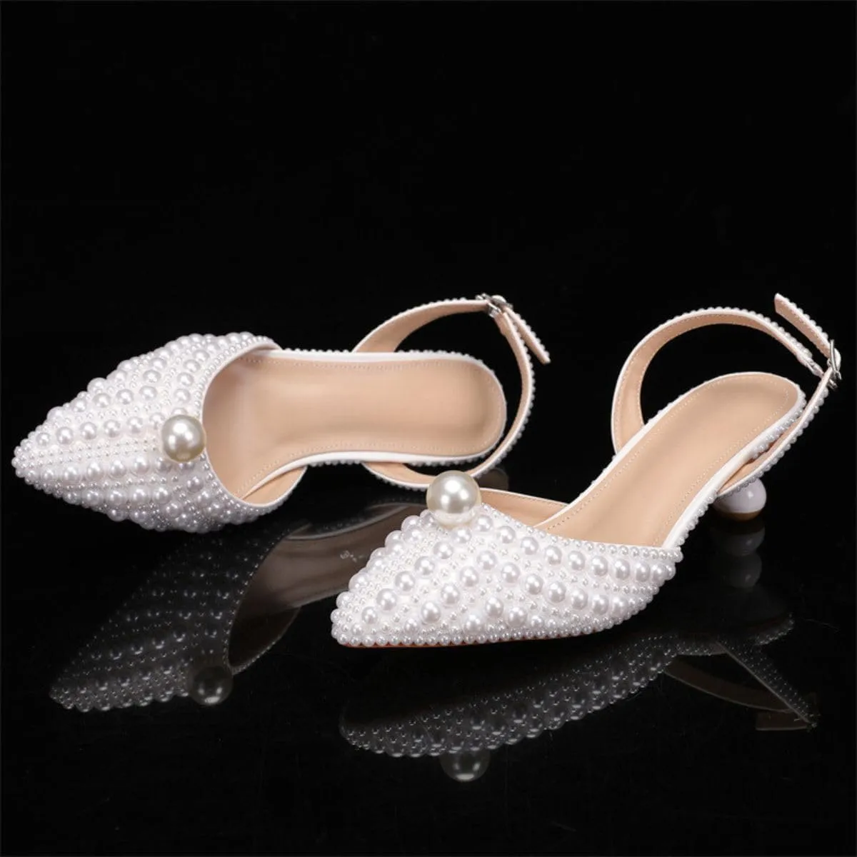 Goolita Full Pearl Kitten Heels for Women, Pointed Closed Toe Slingback Pumps Buckle Strap Rhinestone Bridal Shoes for Wedding