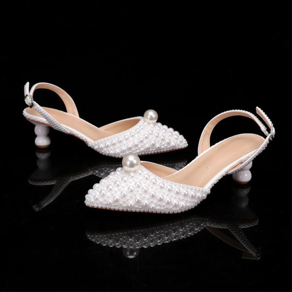 Goolita Full Pearl Kitten Heels for Women, Pointed Closed Toe Slingback Pumps Buckle Strap Rhinestone Bridal Shoes for Wedding