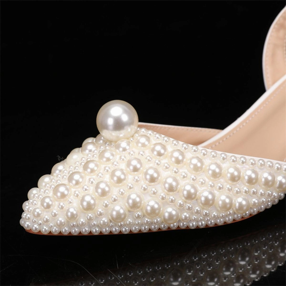 Goolita Full Pearl Kitten Heels for Women, Pointed Closed Toe Slingback Pumps Buckle Strap Rhinestone Bridal Shoes for Wedding