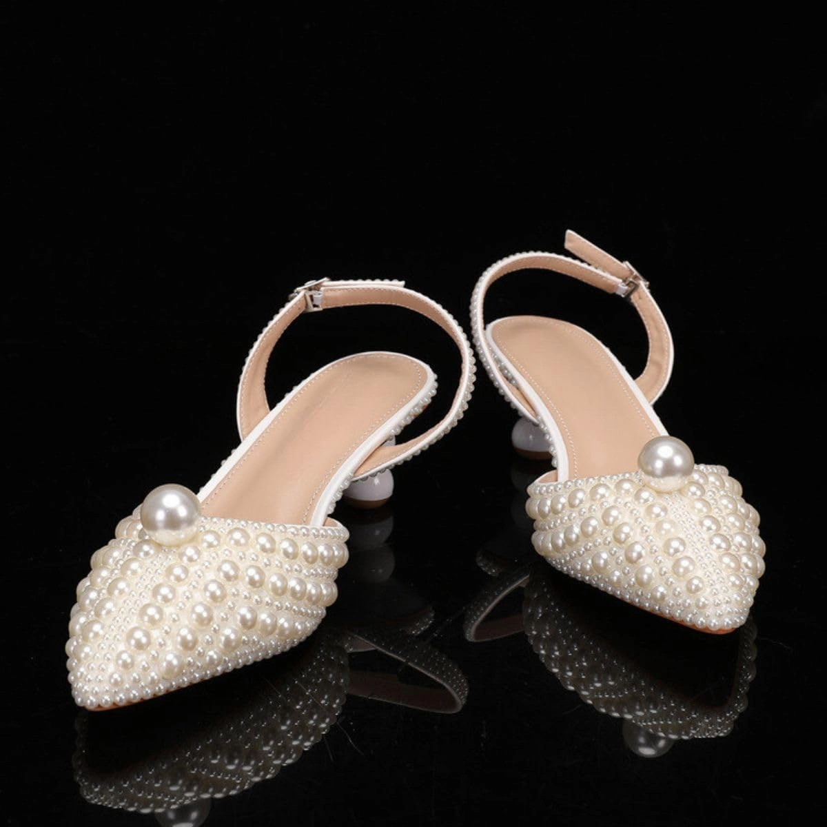 Goolita Full Pearl Kitten Heels for Women, Pointed Closed Toe Slingback Pumps Buckle Strap Rhinestone Bridal Shoes for Wedding
