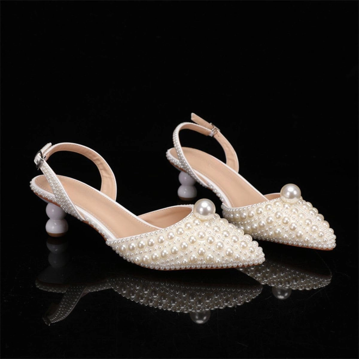 Goolita Full Pearl Kitten Heels for Women, Pointed Closed Toe Slingback Pumps Buckle Strap Rhinestone Bridal Shoes for Wedding