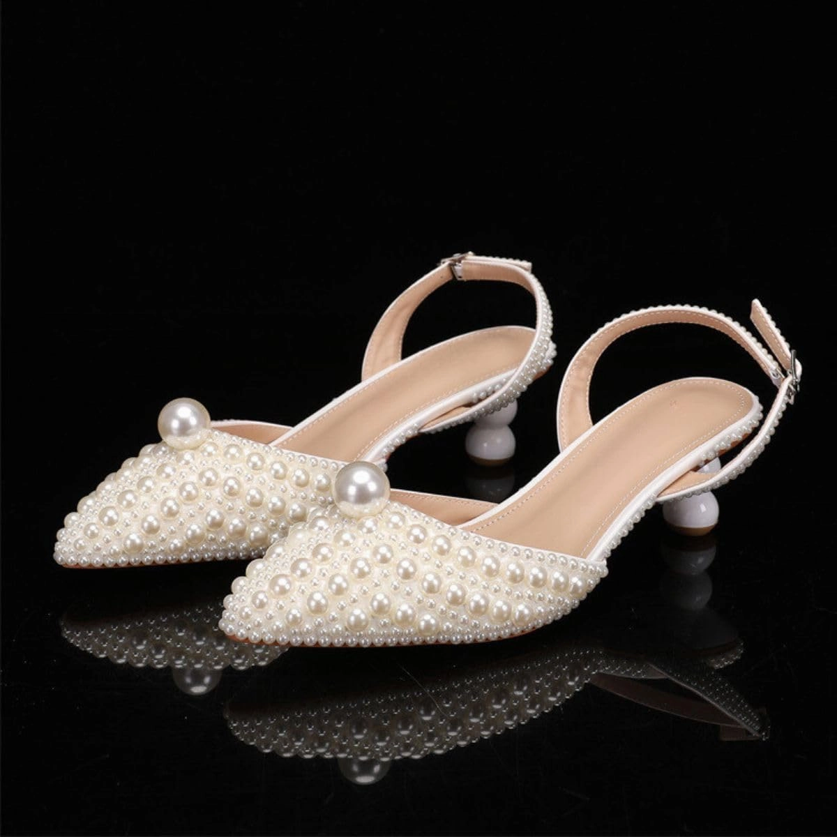 Goolita Full Pearl Kitten Heels for Women, Pointed Closed Toe Slingback Pumps Buckle Strap Rhinestone Bridal Shoes for Wedding