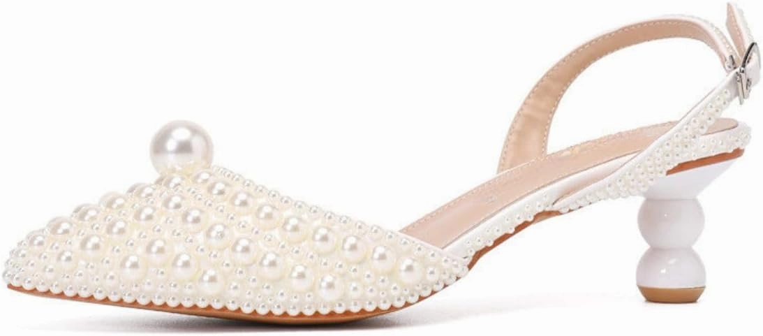 Goolita Full Pearl Kitten Heels for Women, Pointed Closed Toe Slingback Pumps Buckle Strap Rhinestone Bridal Shoes for Wedding