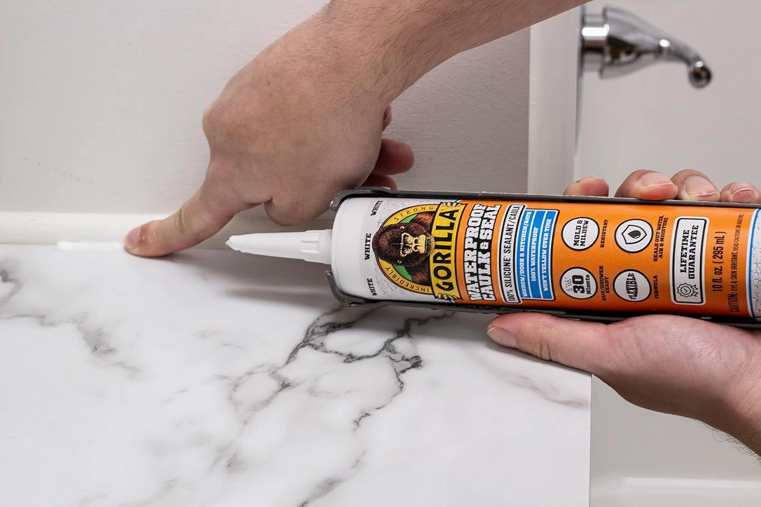 Gorilla Waterproof Caulk & Seal Silicone Sealant, 10oz Cartridge (Pack of 2) - White Caulking Sealant for Kitchen, Window, Bath, Marine, Door and More
