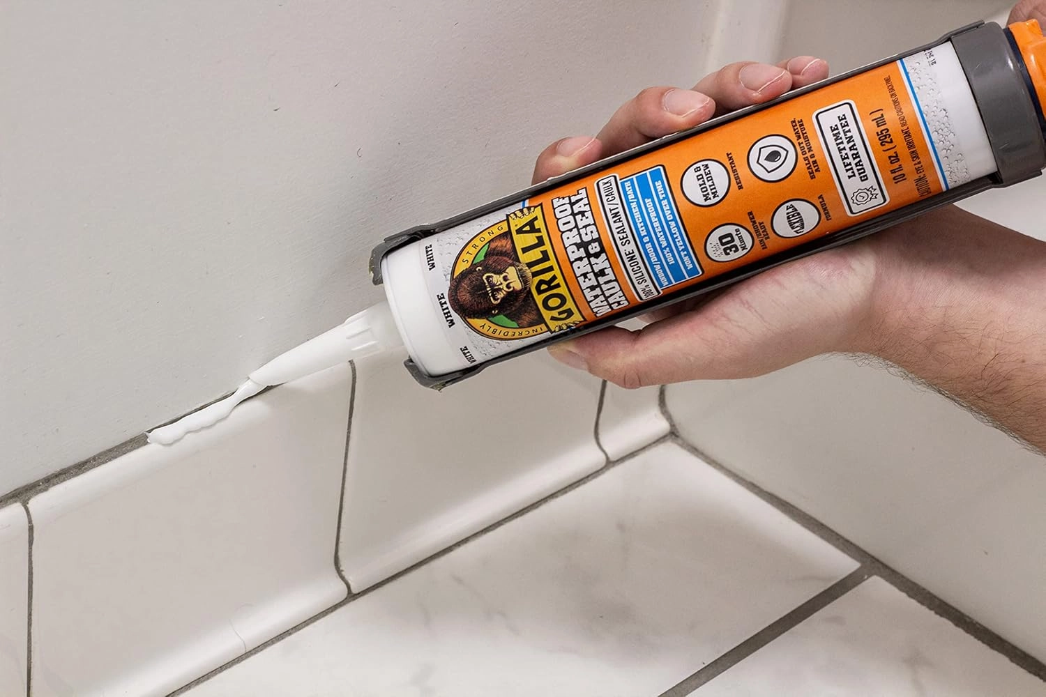 Gorilla Waterproof Caulk & Seal Silicone Sealant, 10oz Cartridge (Pack of 2) - White Caulking Sealant for Kitchen, Window, Bath, Marine, Door and More
