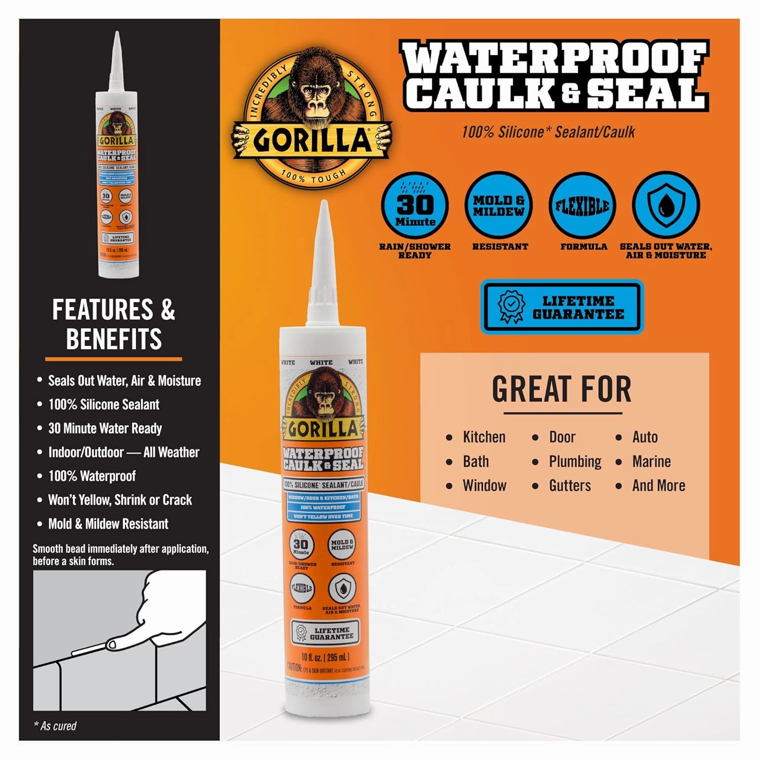 Gorilla Waterproof Caulk & Seal Silicone Sealant, 10oz Cartridge (Pack of 2) - White Caulking Sealant for Kitchen, Window, Bath, Marine, Door and More
