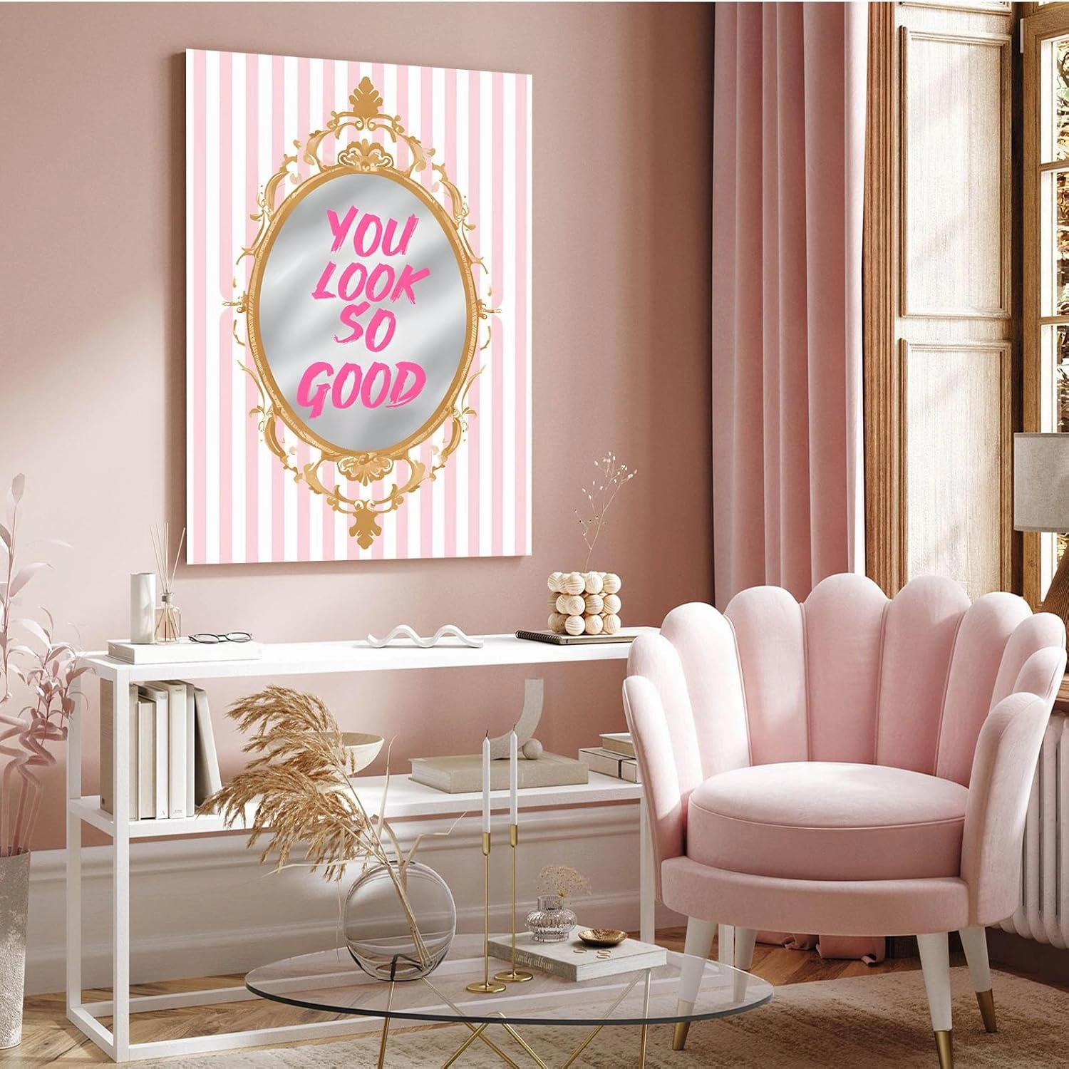 GOVWSRBJ Motivational message You look so good on pink striped background Elegant home decor with motivational wall art in soft pink and white accents confidence boosting vibe 16x24in Frameless