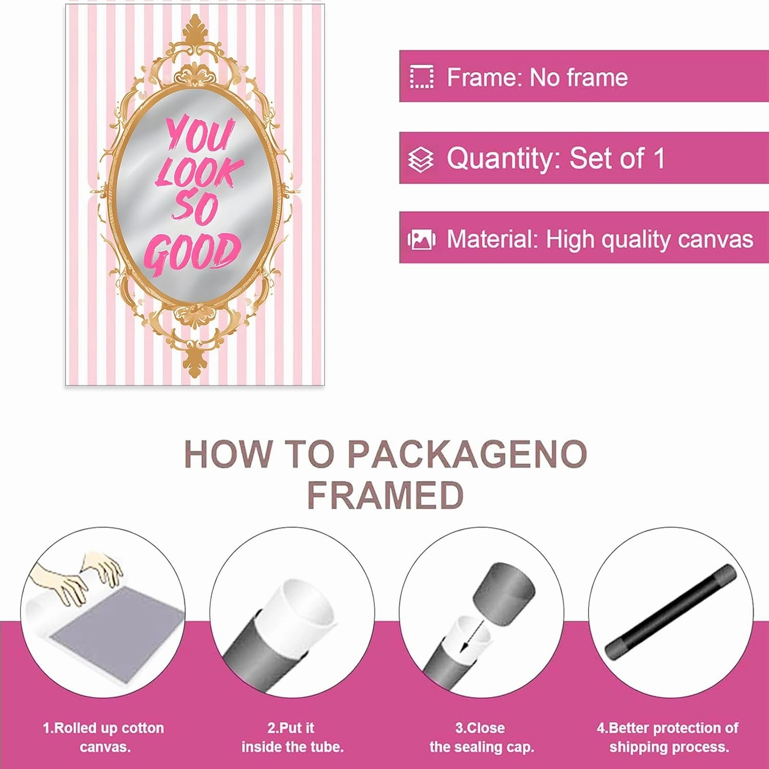 GOVWSRBJ Motivational message You look so good on pink striped background Elegant home decor with motivational wall art in soft pink and white accents confidence boosting vibe 16x24in Frameless