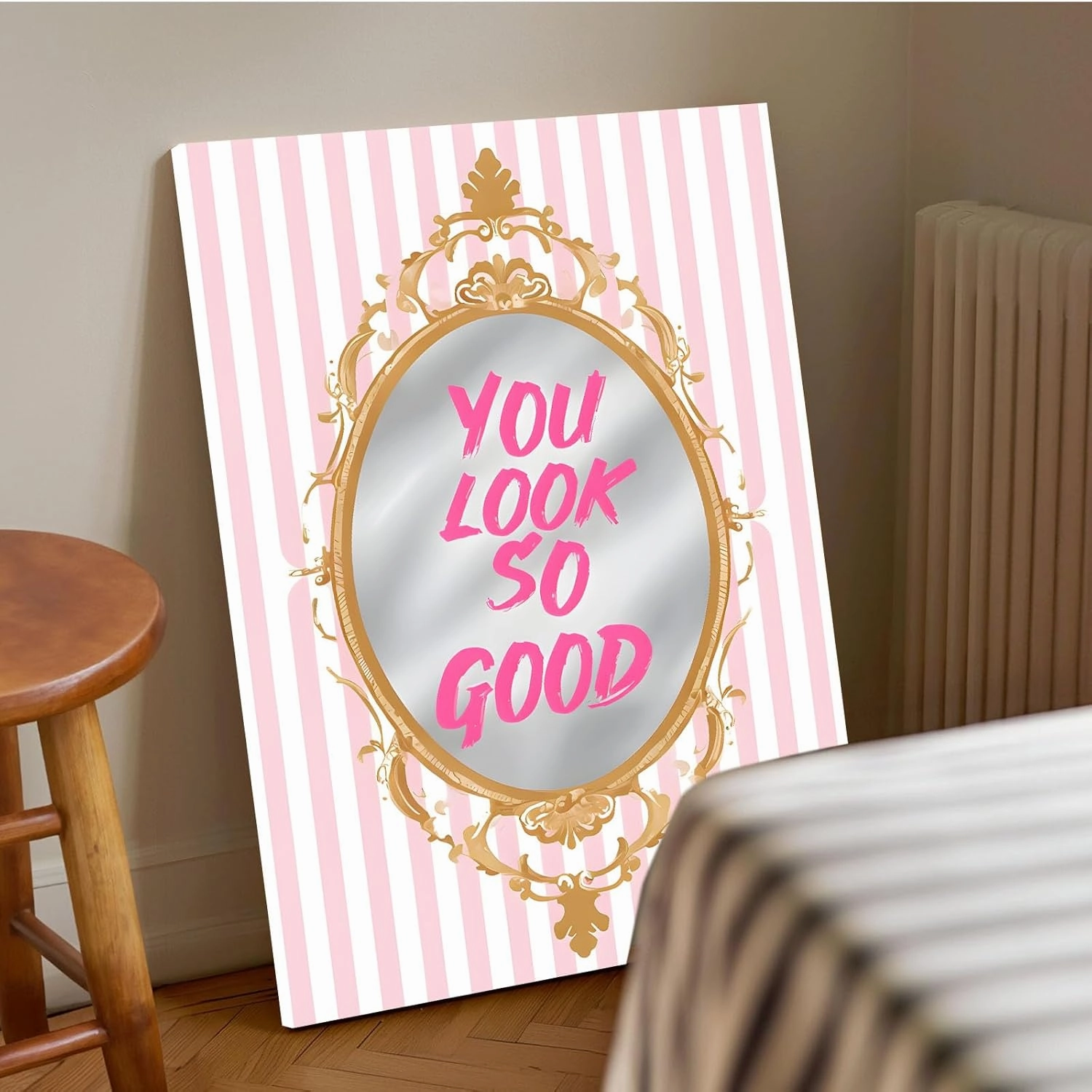 GOVWSRBJ Motivational message You look so good on pink striped background Elegant home decor with motivational wall art in soft pink and white accents confidence boosting vibe 16x24in Frameless