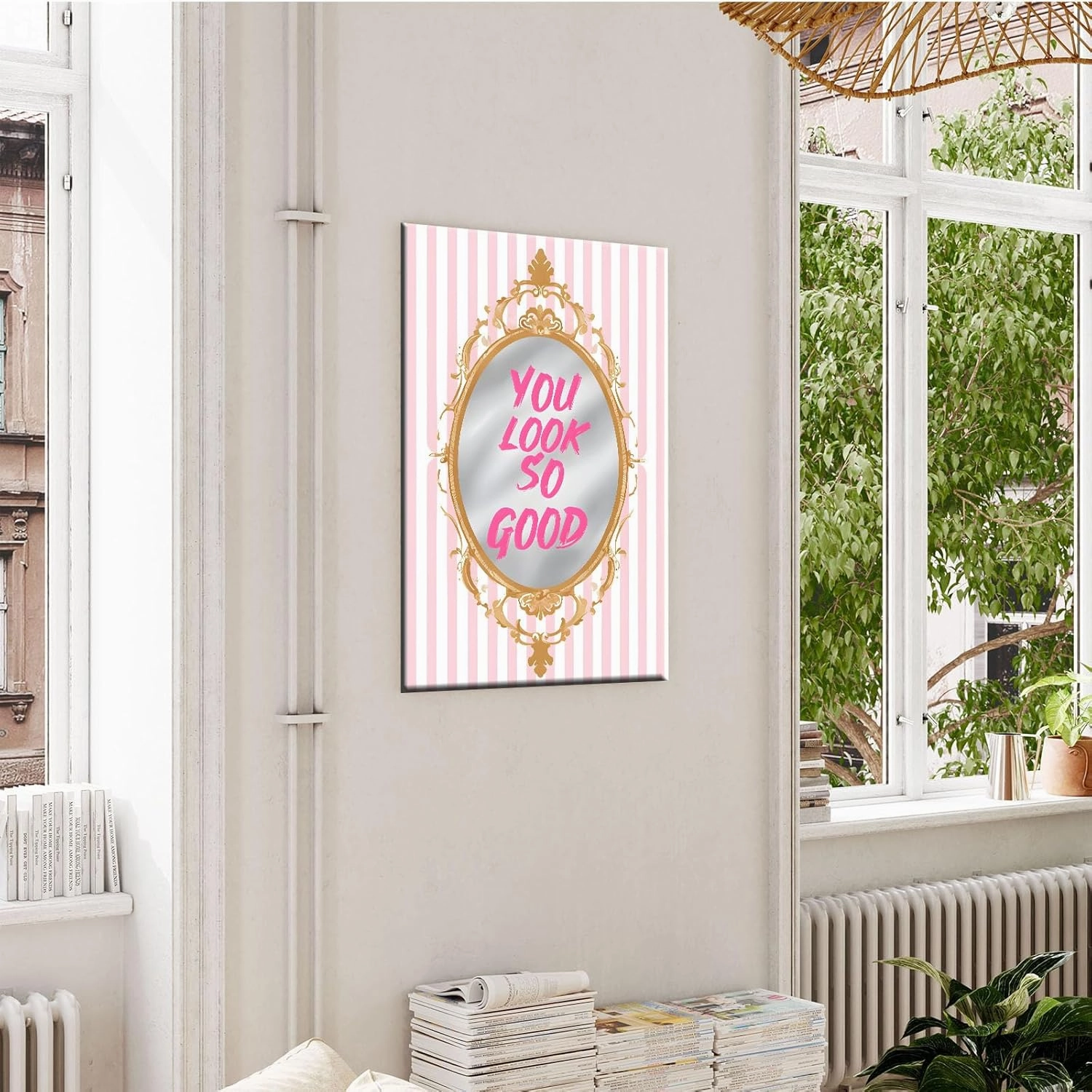 GOVWSRBJ Motivational message You look so good on pink striped background Elegant home decor with motivational wall art in soft pink and white accents confidence boosting vibe 16x24in Frameless