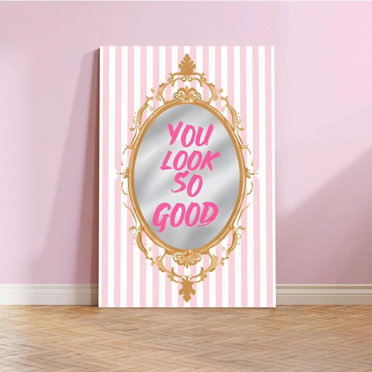 GOVWSRBJ Motivational message You look so good on pink striped background Elegant home decor with motivational wall art in soft pink and white accents confidence boosting vibe 16x24in Frameless