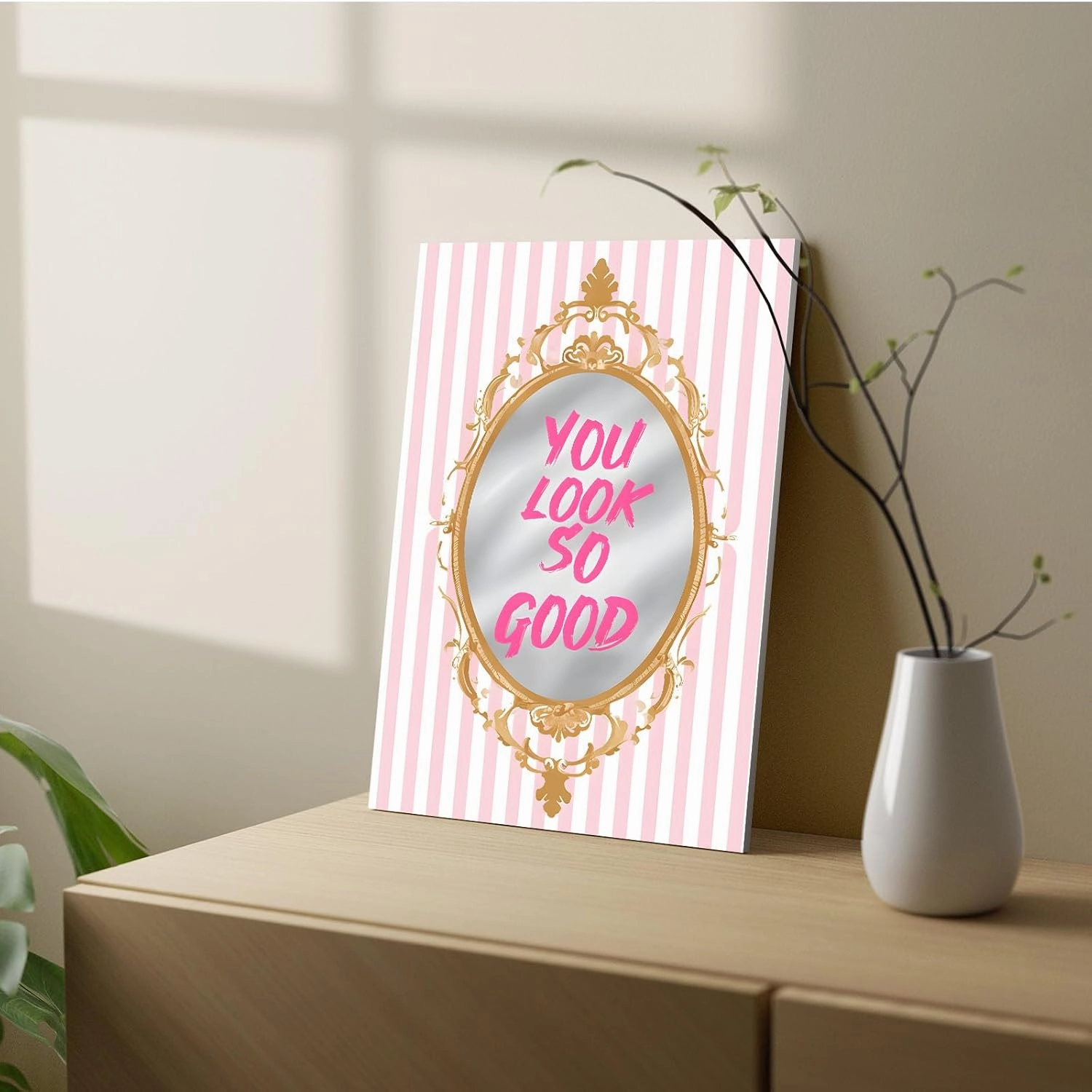 GOVWSRBJ Motivational message You look so good on pink striped background Elegant home decor with motivational wall art in soft pink and white accents confidence boosting vibe 16x24in Frameless