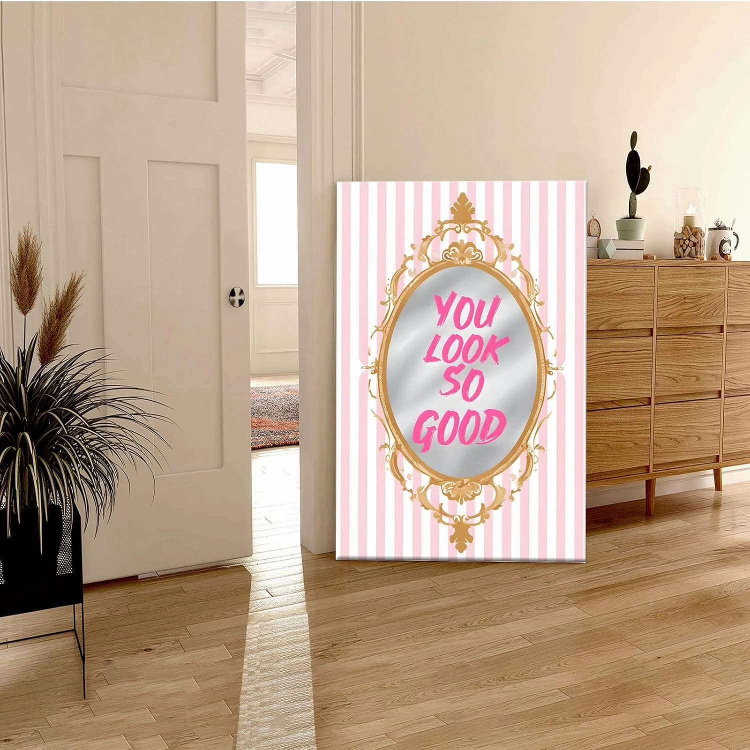 GOVWSRBJ Motivational message You look so good on pink striped background Elegant home decor with motivational wall art in soft pink and white accents confidence boosting vibe 16x24in Frameless