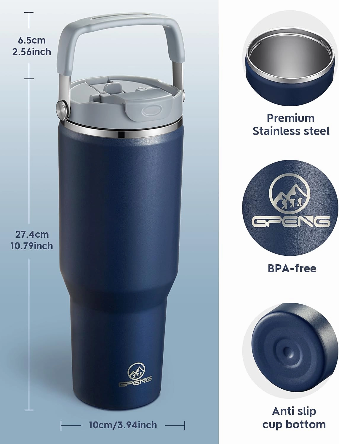 Gpeng 40 oz Tumbler with Handle, Water Bottles with Straw Lid, Insulated Stainless Steel Travel Mug Cup Holder Friendly, Keep Drinks Cold or Hot for 48  Hours
