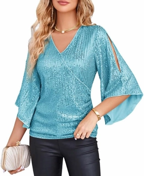 GRACE KARIN Womens Sequin Tops 3/4 Sleeve Glitter Sparkly Party Blouse V-Neck Dressy Tops for Evening Party