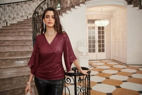GRACE KARIN Womens Sequin Tops 3/4 Sleeve Glitter Sparkly Party Blouse V-Neck Dressy Tops for Evening Party
